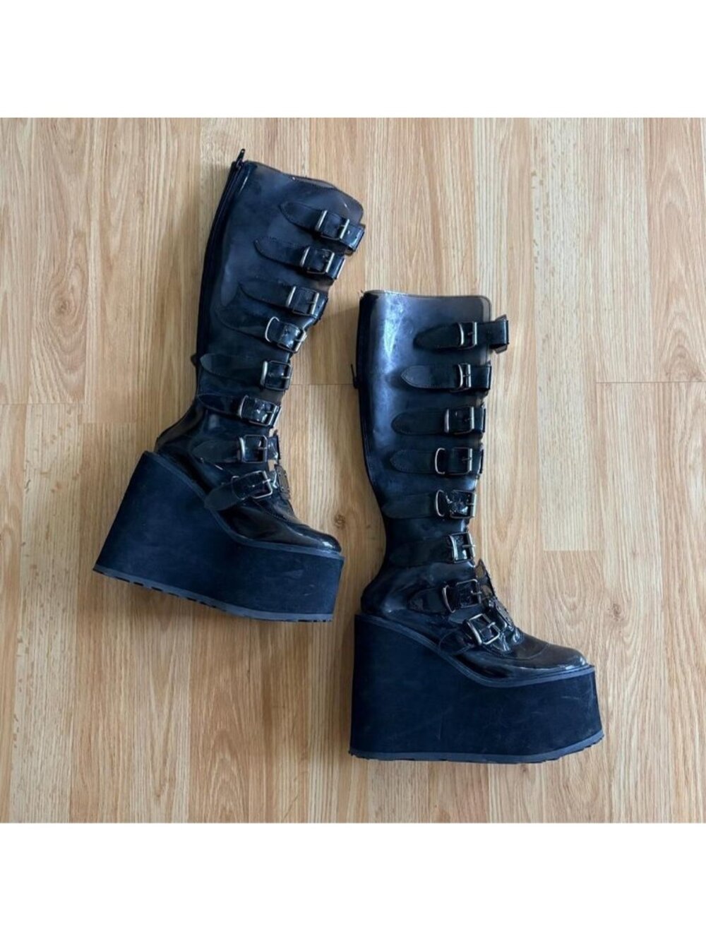 Demonia Swing 815 clear grey buckle boots